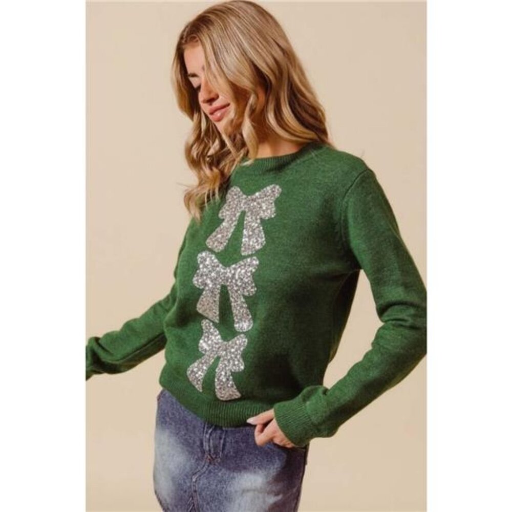 SO ME Sequins Bow Ribbon Embellished‎ Christmas Sweater